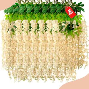 36 Pack Champagne Pink Wisteria Hanging Flowers, 3.44 Ft Fake Hanging Flowers, Artificial Wisteria Garland Vines for Wedding Room Backdrop Outdoor Patio Garden Decoration