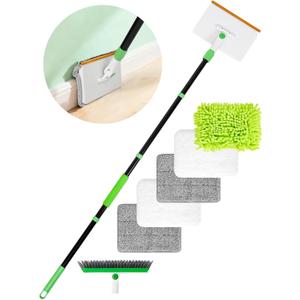 4-in-1 Baseboard Cleaning Tool with Handle 5 Reusable Pads 1 Stiff Bristle Brush Carpet Rake for Pet Hair Removal Baseboard Cleaner Carpet Windows Wall Floor Bathroom Kitchen