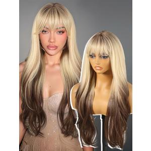KOME Ombre Blonde Brown Wigs with Bangs,Blonde Layered Wig for Women,Long Wavy Wigs Synthetic Hair Wig for Party Daily Use 26IN