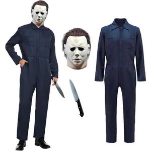 Navy Blue Jumpsuit Coveralls Adult, Horror Costume with Mask and Prop Knife, for Halloween Cosplay (XX-Large)