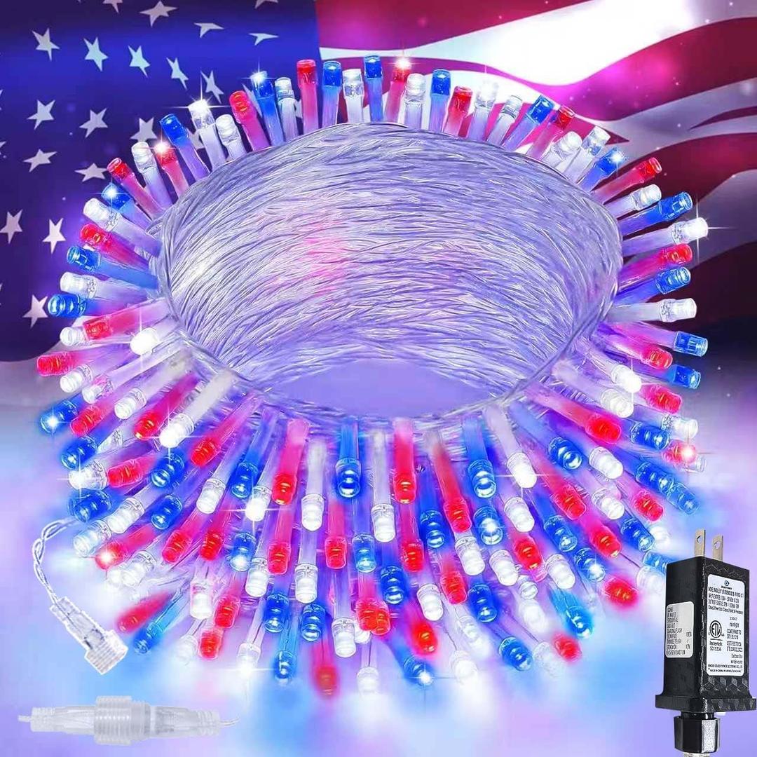 4th of July Red White and Blue Lights, Connectable 200 LED 66FT String Lights Plug in, 13 Modes July 4th Twinkle Lights for Indoor Outdoor Independence Day Memorial Day American Flag Patriotic Decor