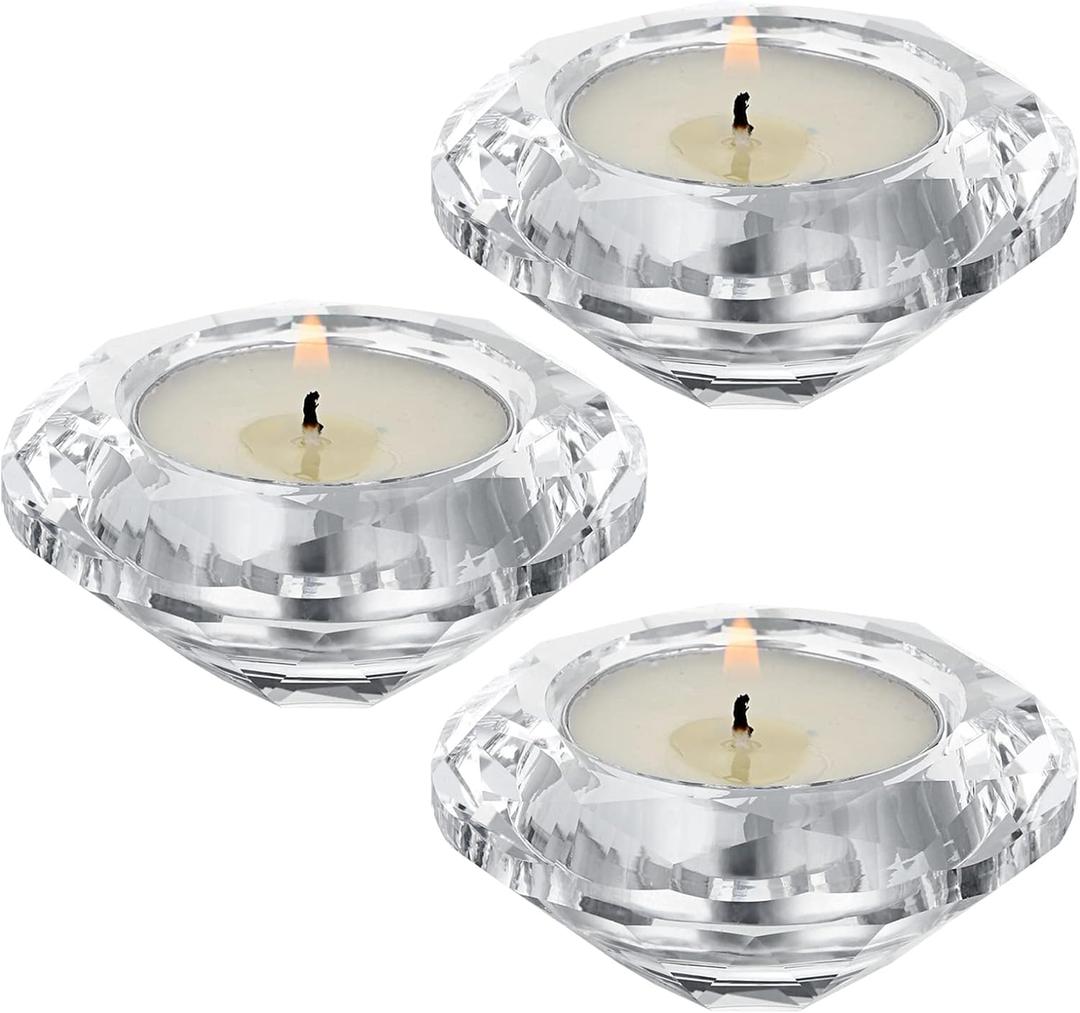 OwnMy Set of 3 Crystal Tea Light Holders Small Round Votive Candle Holders, Clear Crystal Diamond Shaped Tealight Candle Stands for Wedding Table Centerpieces Living Room Table Decors