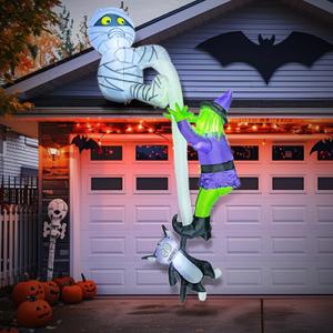 8FT Halloween Inflatables Roof Decorations, Mummy Holding Witch and Black Cat with Bandages, Holiday Blow Up Outdoor Decorations Build-in LED Lights Halloween Party for Outdoor Lawn Yard Patio Decor