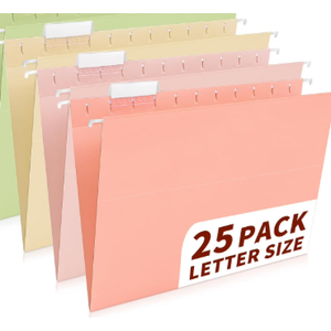 STAPLES Hanging File Folders - Letter Size, 1/5-Cut Tab, Assorted Colors, with Adjustable Tabs, Includes Paper Inserts, 25-Pack for Home & Office