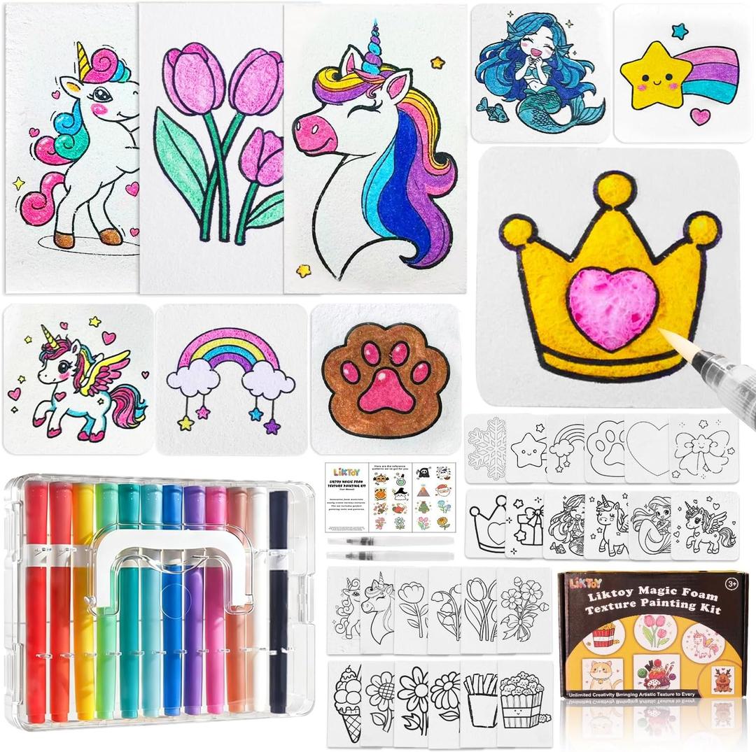 Liktoy 40Pcs Magic Foam Texture Painting Kit, 24Pcs Foam Texture Paper, 12 Colorful Brush, 2 Water Brushes, 3D Effect Texture Painting Set, Ideal for Halloween, Christmas, Birthday Gifts (cute)