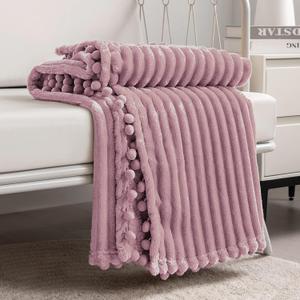 DISSA Fleece Blanket Throw Size  51x63, Pink  Soft, Plush, Fluffy, Fuzzy, Warm, Cozy  Perfect Throw for Couch, Bed, Sofa - with Pompom Fringe - Flannel Blanket Throw Blanket