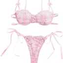 Lilosy Sexy Tie Side Cute Underwire Push Up Strappy Embroidered Mesh Sheer Lingerie Set, S