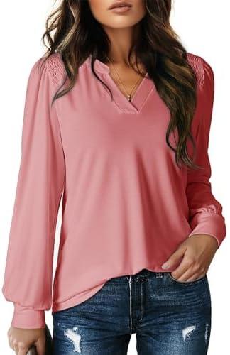 Dokotoo Womens Tops V-Neck Long Sleeve Shirts Tops Dressy Casual Blouses Fall Outfits Clothes 2024, M