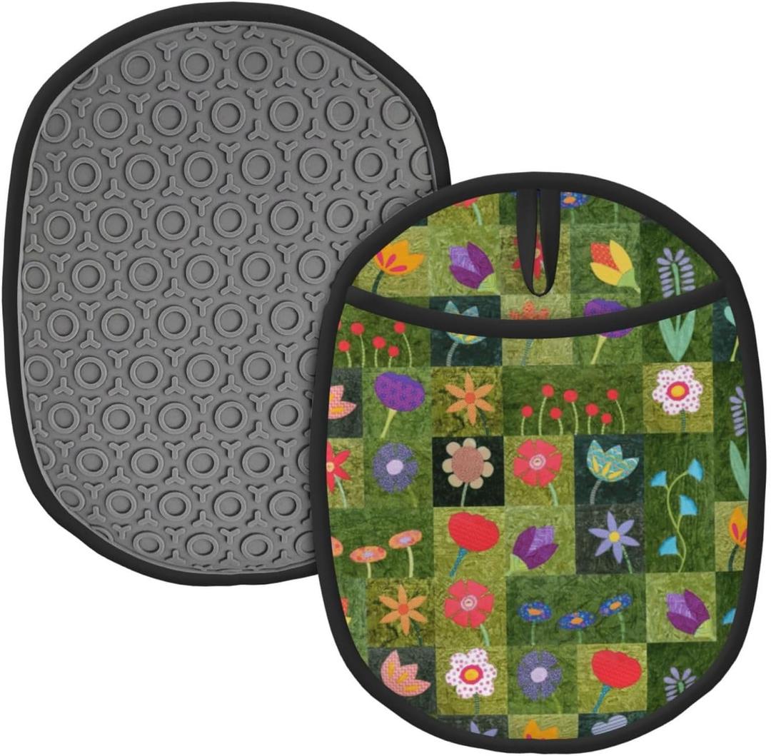Floral Silicone Pot Holders Set of 2 Heat Resistant for Women, Non-Slip Thick Kitchen Oven Mits Set with Hanger for Kitchen,Cooking,Baking,Grilling