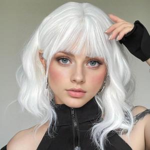 White Wig for Women Short Curly Wavy Wig with Bangs Shoulder Length Bob Wig Women's Colorful Synthetic Heat Resistant Fiber Wigs for Cosplay Halloween Costume Party (14 Inches)