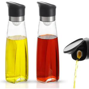 Premium Glass Olive Oil and Vinegar Dispenser Bottles Set, 2-Piece 16oz Kitchen Cooking Cruet with Auto-Open Lid, Non-Drip Pouring Spout, Oil Infuser Filter, Dishwasher Safe (Black)