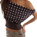 Women Y2k Polka Dot Mesh Asymmetrical Off Shoulder Crop Tank Tops Open Back Tie Patchwork Ribbed Sleeveless Shirt (Medium, Brown)