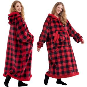 Giggling Getup Wearable Blanket Hoodie for Women Men Gifts for Women Sherpa Fleece Long Hooded Blanket Sweatshirt Cozy Sherpa Wearable Throw with Pocket Sleeves for Adult Standard Red and Black Plaid