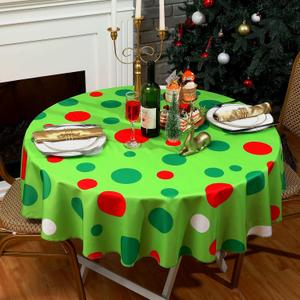 Christmas Round Tablecloth 70 Inch Red and Green Polka Dot Table Cloth Cover Xmas Winter Holiday Decorative Waterproof Tablecloth for Party Dining Table Decor