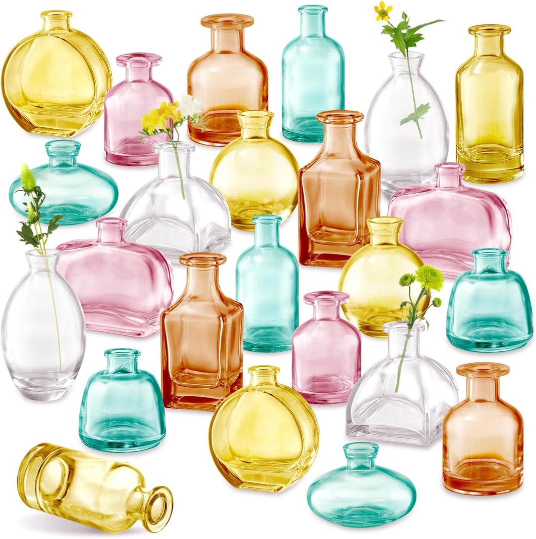 Color Bud Vases in Bulk - Set of 24 Mini Glass Bud Vases for Centerpieces, Colored Glass Vases, Colorful Bud Vase Set, Small Vases for Flowers, Modern Vase for Home, Wedding, Party Table Decor