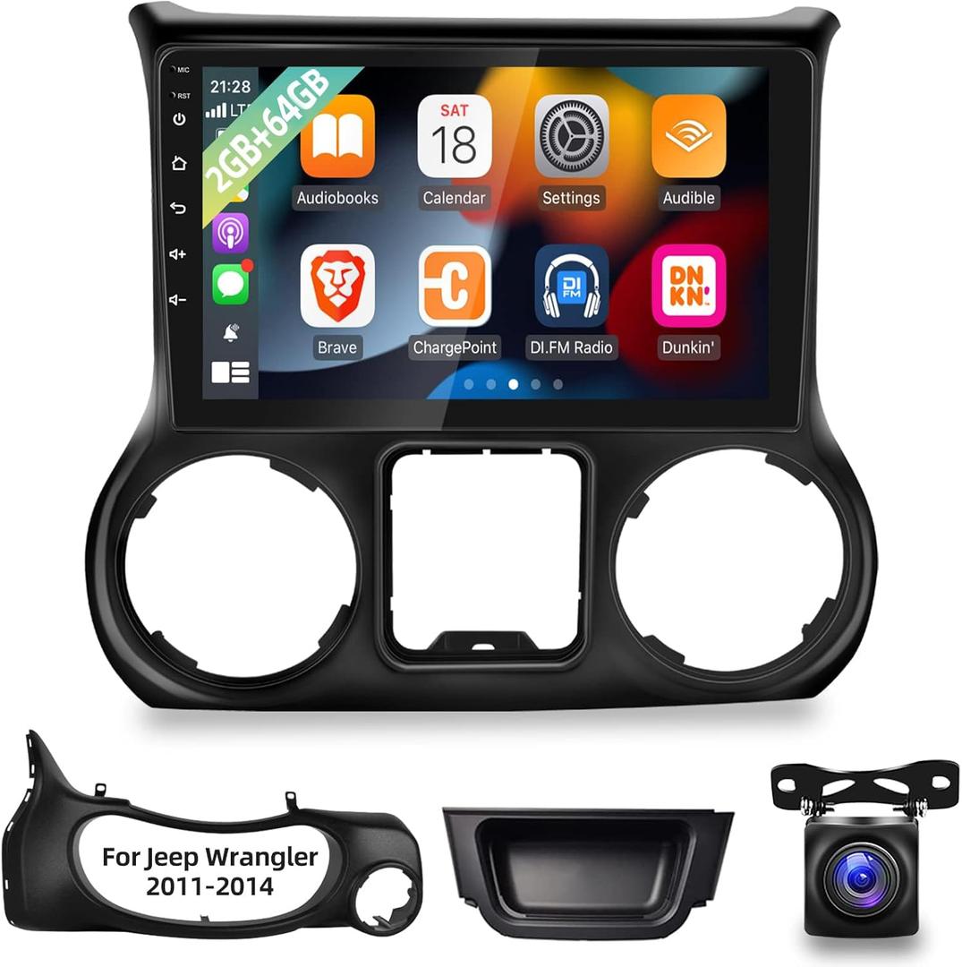 2+64G Android Car Radio for Jeep Wrangler 2011 2012 2013 2014 with Carplay and Android Auto 10.1 inch Touch Screen Car Stereo, HiFi Audio/Bluetooth/WiFi/GPS +AHD Backup Camera