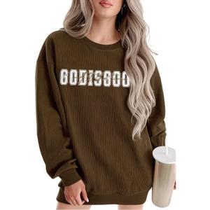 MYHALF Love Like Jesus Hoodies for Women Christian Bible Verse Sweatshirt Casual Drawstring Waffle Pullover Tops with Pocket (Brown, L)
