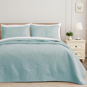 Exclusivo Mezcla Queen Quilt Bedding Set, Lightweight Aqua Blue Quilts Queen Full Size for All Seasons, Soft Microfiber Bedspreads Coverlets Bed Cover with Leaf Pattern, 3 Piece (Queen (90''X96''))