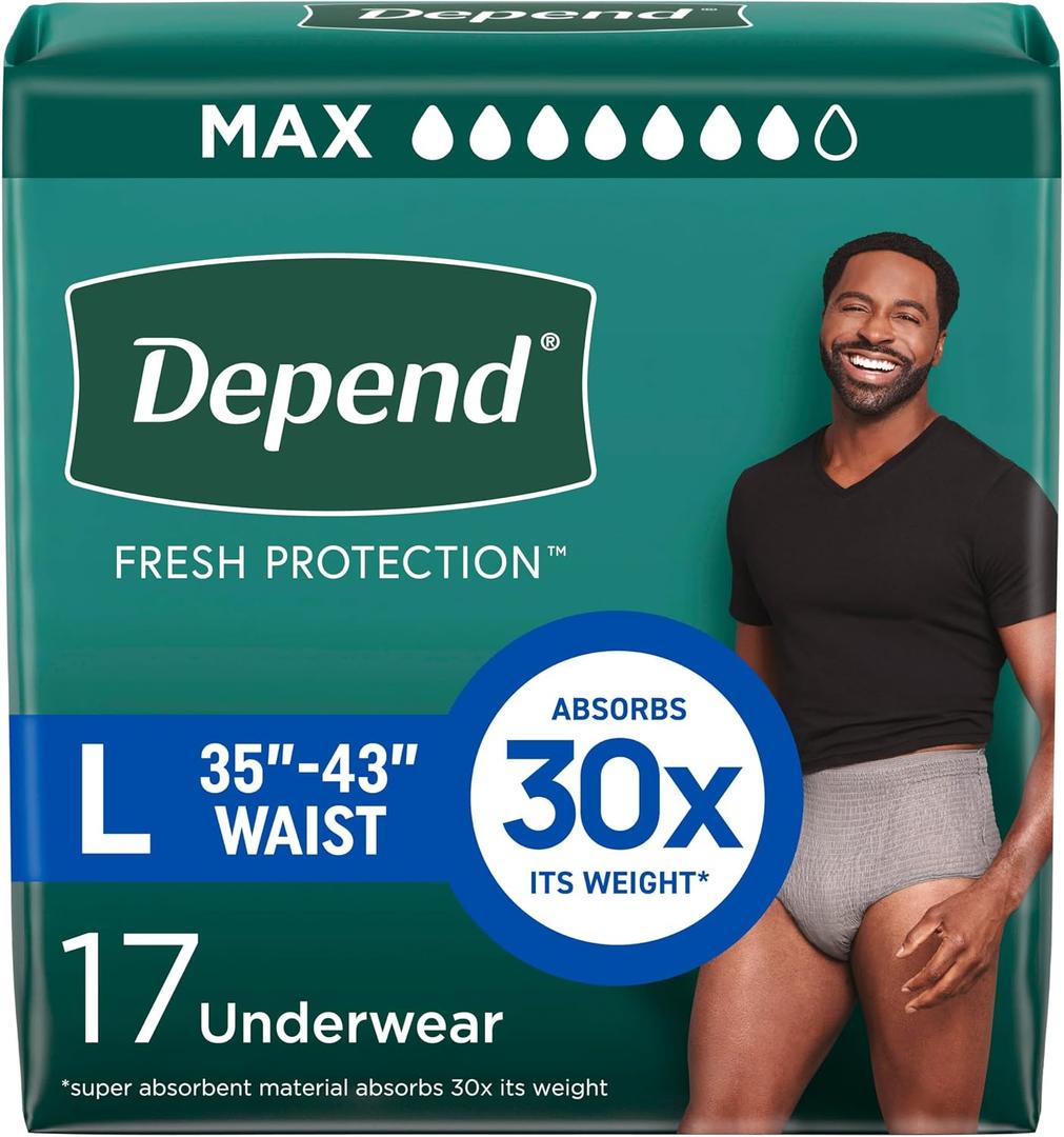 Depend Fresh Protection Adult Diapers, Incontinence Underwear for Men, Disposable, Maximum, Large, Grey, 17 Count,