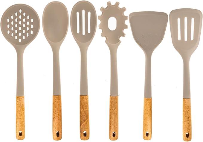 6pc Beech Wood and Silicone Kitchen Utensils Set Cooking Baking Supplies Home Essentials, Light Grey