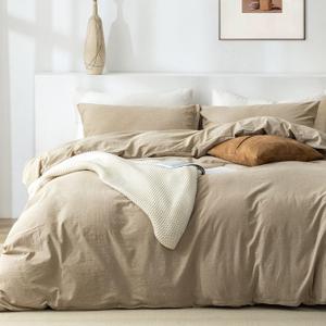 TIPTOE BEAR Duvet Cover Set, 100% Washed Cotton 3 Piece Set with Zipper Closure, Ultra Soft Breathable Chic Bedding, 1 Duvet Cover and 2 Pillow Shams, Beige King Size 104"x 90"(No Comforter)