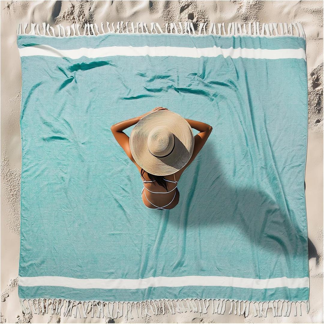 Oversized Turkish Beach Towel Blanket XXL Cotton Sandproof Towels Boho Woven Extra Large Big Sand Free Giant Throw Blankets Huge Quilt XL Picnic Camping Necessities Cloud For Adult Gifts Teal, 88"L x 82"W