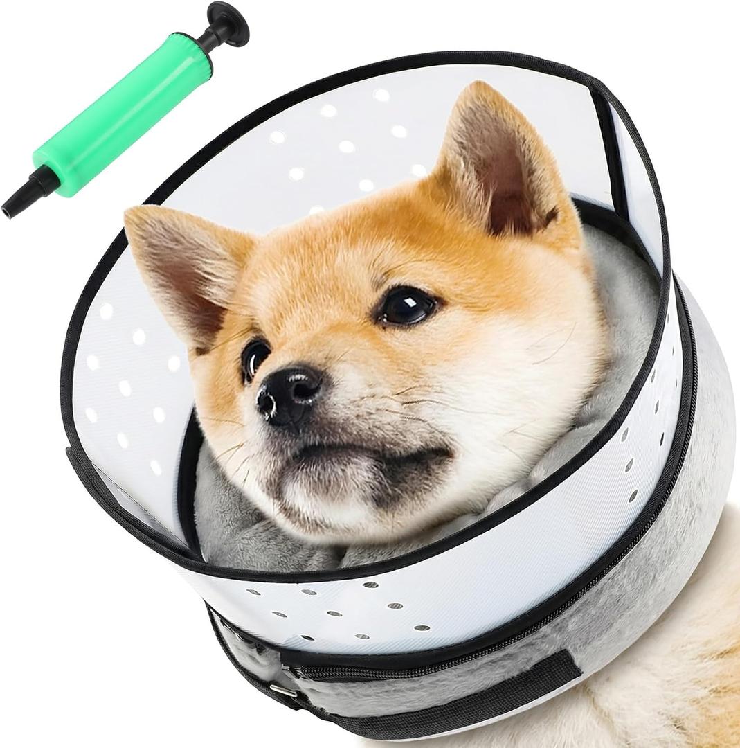 Inflatable Dog Cone Collar with Detachable Transparent Shield, Adjustable Dog Donut Collar to Stop Licking After Surgery.Soft Dogs Cone Alternative for Small Medium Large Dogs(Neck 12-15 inch) (Gray)