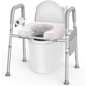 KEKOY Toilet Seat Risers for Seniors with Handles, Adjustable Height and Width Elevated Toilet Seat, Tool-Free Assembly Padded Seat for Elderly Handicap, Fits Most Round and Elongated Toilets, Grey