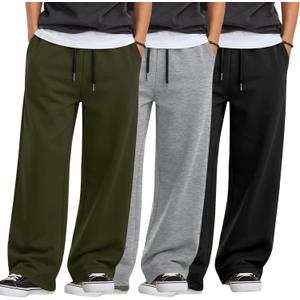 3 Pcs Boys Lightweight Sweatpants Wide Leg Open Bottom Drawstring Elastic High Waist Joggers Baggy Athletic Pants (13-14 Years, Black, Army Green, Light Mixed Gray)