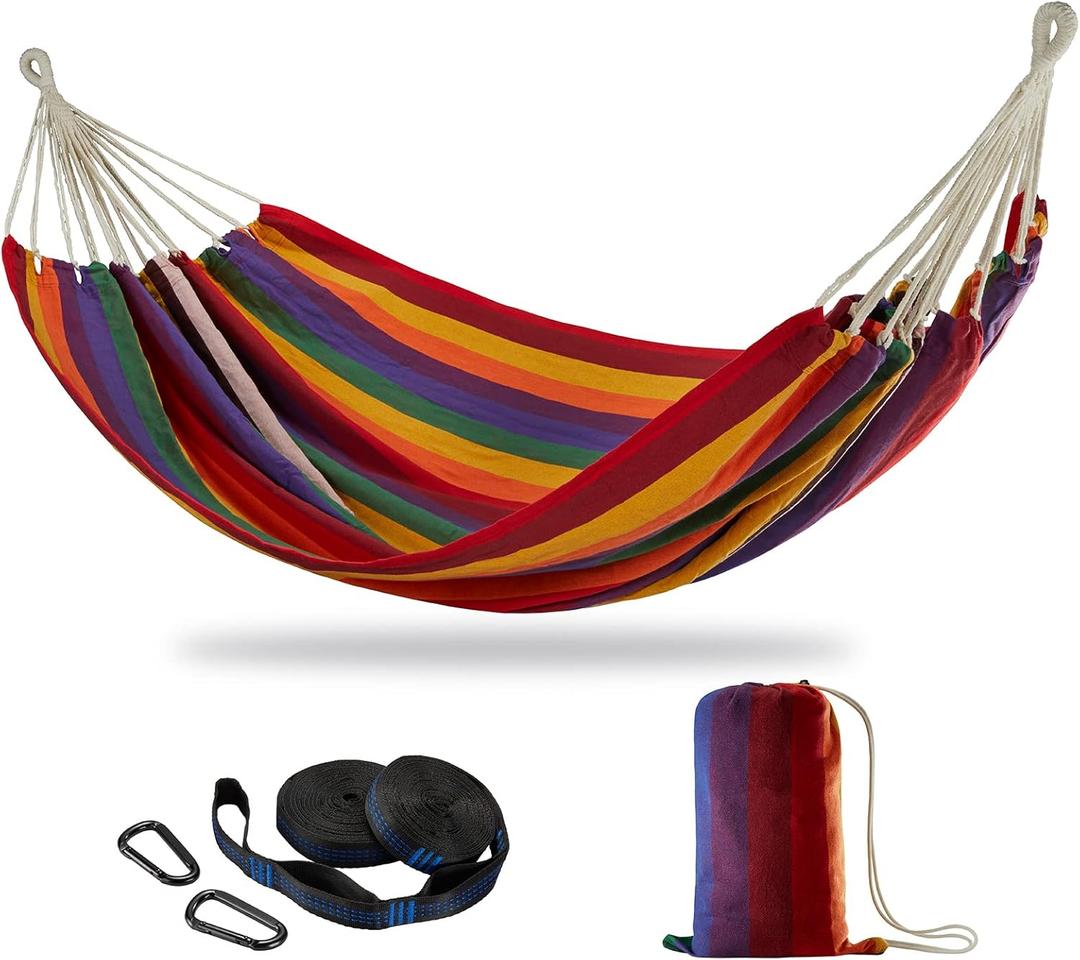 Brazilian Double Hammock with Tree Straps,Extra Large 240x160cm,2 Persons Hammock for Backyard Patio Outdoor and Indoor,450lbs Weight Capacity,Soft Woven Cotton Fabric (Red Stripe)