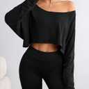 Hilinker Womens Off Shoulder Long Sleeve Crop Tops Sexy Boat Neck Loose Casual T Shirt (Black)