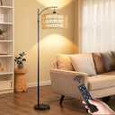 QIYIZM Floor Lamp for Living Room Bedroom with Remote Boho Rattan Arc Standing Lamp Dimmable Black Farmhouse Wicker Bamboo Lamp Shade Floor Light Adjustable Tall Lamp Industrial Floor Lamps Bohemian