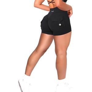 Danysu Women Pocket Shorts Cross High Waist Scrunch Butt Booty Workout Lifting Athletic Gym Bottoms 
Black M