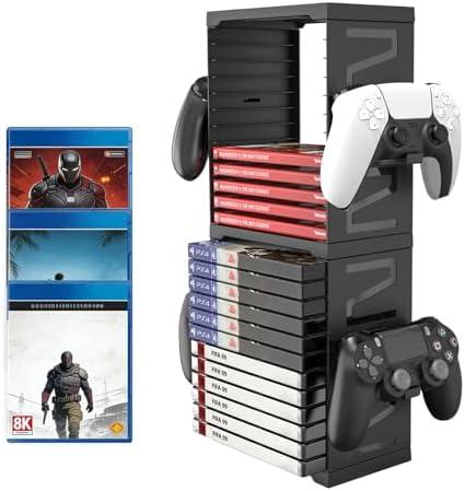 ASFSKY Video Game Storage Tower - 24 Games Video Game Organizer & Holder with 4 Controller Hooks, Universal Video Game Storage Compatible with PS5/PS4/Xbox/Switch - Gamer Gifts