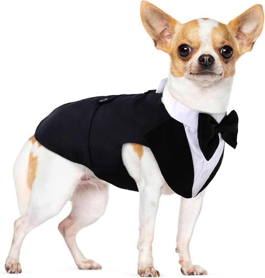 PUMYPOREITY Small Dog Bowtie Tuxedo Suit, Dog Wedding Outfit, Cat Tuxedo, Dog Tuxedo and Bandana Set for Chihuahua, Boston Terrier, Bichon, Corgi, Pomeranian, 2 Pieces/Pack, S, Black