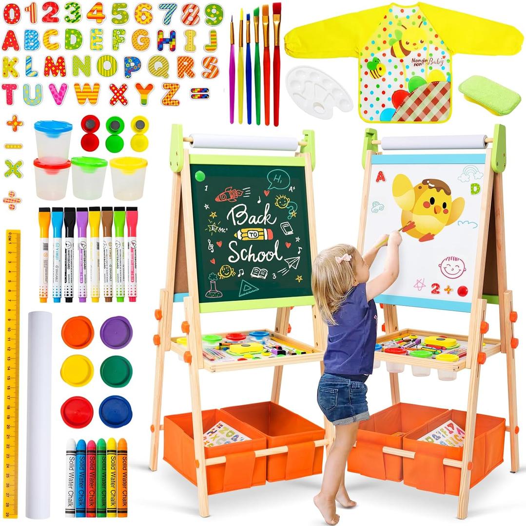 Kids Easel Including 100+ Accessories, Rundad Double Sided Wooden Easel for Kids Age 3-8 with Magnetic Chalkboard & Painting Board, Free Height Adjustable Art Easel Supplies for Toddlers, 50 X 22 X 7 Inches