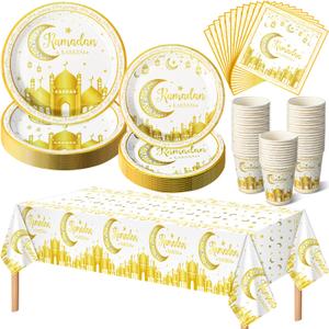 Blushtier 97 Pcs Ramadan Eid Mubarak Party Tableware Set for 24 Guests Include 9" Dinner Plates, 7" Dessert Plates, 9 oz Cups, Eid Mubarak Napkins, Tablecloth for Ramadan Decorations (White and Gold)
