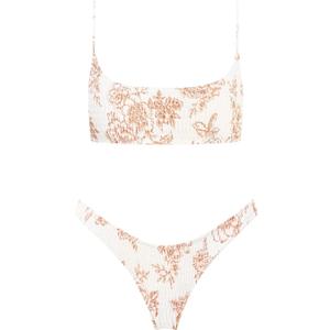 VOLAFA Women's Triangle Bikini Set Smocked Textured Scoop Frilled Print Ruched Elastic Swimsuit Two Piece Bathing Suit (4, Beige)