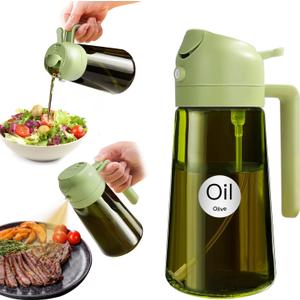 YARRAMATE 16oz/470ml Light Blocking Oil Sprayer for Cooking with Stickers, Food-Grade 2 in 1 Olive Oil Dispenser Bottle for Kitchen, Premium Dark Green Glass Oil Bottle for Air Fryer, BBQ (Green)