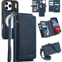 Iphone 17 Pro Max Wallet Case, Detachable Magnetic Phone Case, Faux Leather Strap Wallet, with RFID Blocking, Zipper Card Holder, Shoulder Straps (Darkblue)