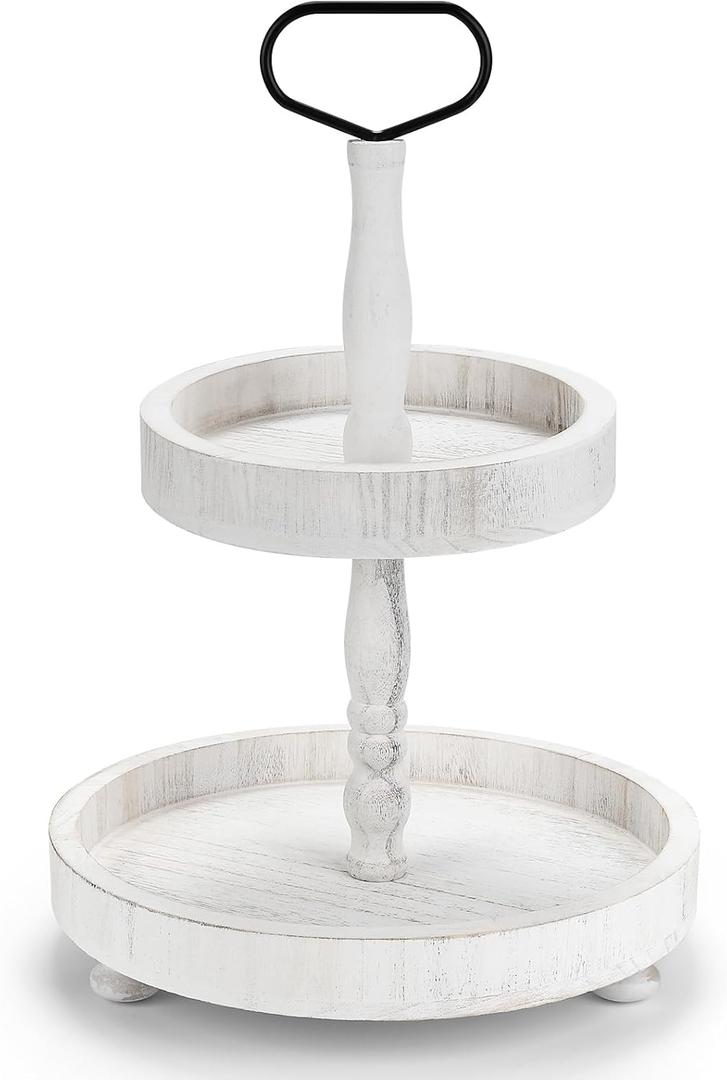 Christmas 2 Tiered Tray Stand Decor, Wooden Farmhouse Tiered Tray for Holiday & New Year Tabletop Display, Kitchen, Coffee Bar, Home Decor