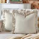AmHoo Pack of 2 Throw Pillow Covers 100% Cotton Pre Washed Ruffle Decorative Pillowcase Cushion for Couch Sofa Bedroom 16 x 16-Inch Beige