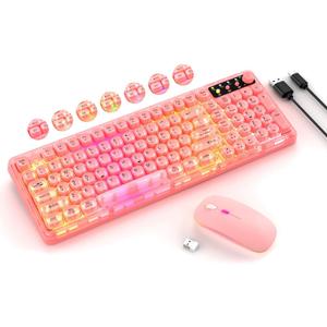 Pink Light Up Keyboard and Mouse Wireless,Cute 2.4Ghz Cordless Rechargeable Transparent Clear Backlit Keyboard,15 Backlight Effects,Volume Knob,RGB Mouse with 3 DPI for Mac Computer PC Laptop Desktop