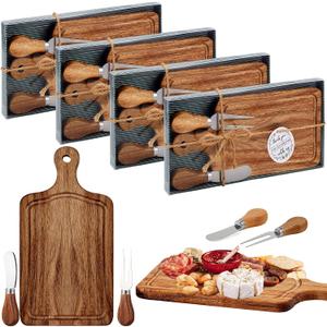 Ziliny 4 Set Bridal Baby Shower Cheese Prizes Wooden Square Board Gift Set Knives Forks Thank You Tags with Box for Guests for Valentines Bridal Baby Shower Housewarming Gifts (Acacia Color)