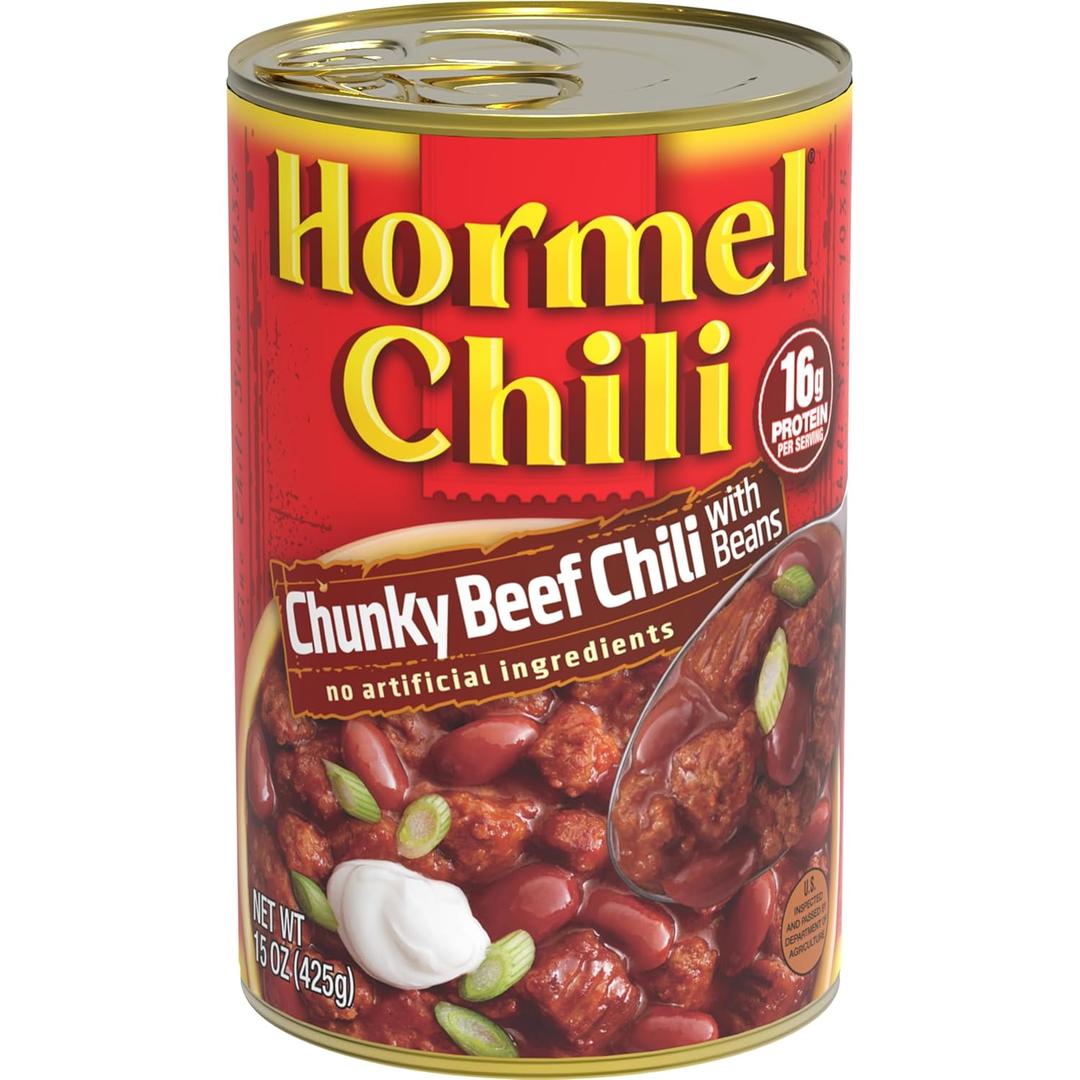 HORMEL Chili Chunky Beef Chili with Beans, No Artificial Ingredients, 15 Oz (EXP 02/22/29)