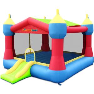 Bounceland Inflatable Party Castle Bounce House Bouncer, 16 ft L x 13 ft W x 10.3 ft H, Basketball Hoop, Removable Sun Roof, UL Strong Blower included, Fun Slide and Bounce Area, Castle Theme for Kids