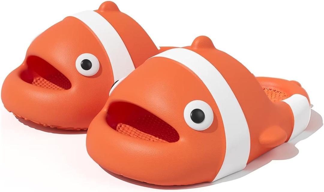 Jerzmy Clown Fish Cute Slides for Kids Toddler, Cushioned Boys Girls Sandals, Funny Animal Comfy House Slippers Non Slip Beach Shower Shoes for Indoor Outdoor Pool Garden (Orange)