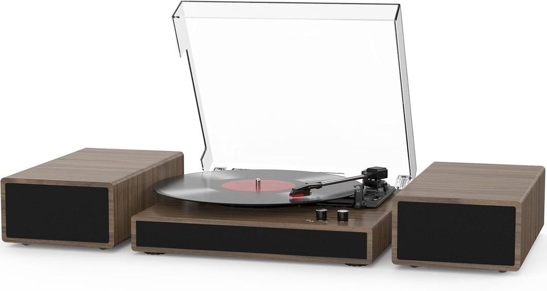 Vinyl Record Player with Dual Stereo Bookshelf Speakers Vintage Turntable with Bluetooth Wireless Playback Belt Drive 3-Speed Playback Record Player Support RCA Out Auto Stop (Wooden)