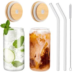 Drinking Glasses with Bamboo Lids and Glass Straw 2PCS Set, 16oz Glass Cups with Lids and Straws, Beer, Iced Coffee Glasses, Soda, Gift 1 Cleaning Brushes