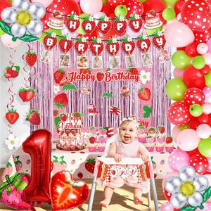 Strawberry 1st Birthday Decorations for Girls, Berry First Birthday Party Supplies, Sweet One Birthdays Party Decorations Including High Chair Banner Cake Topper Strawberry Theme Backdrop Tablecloth